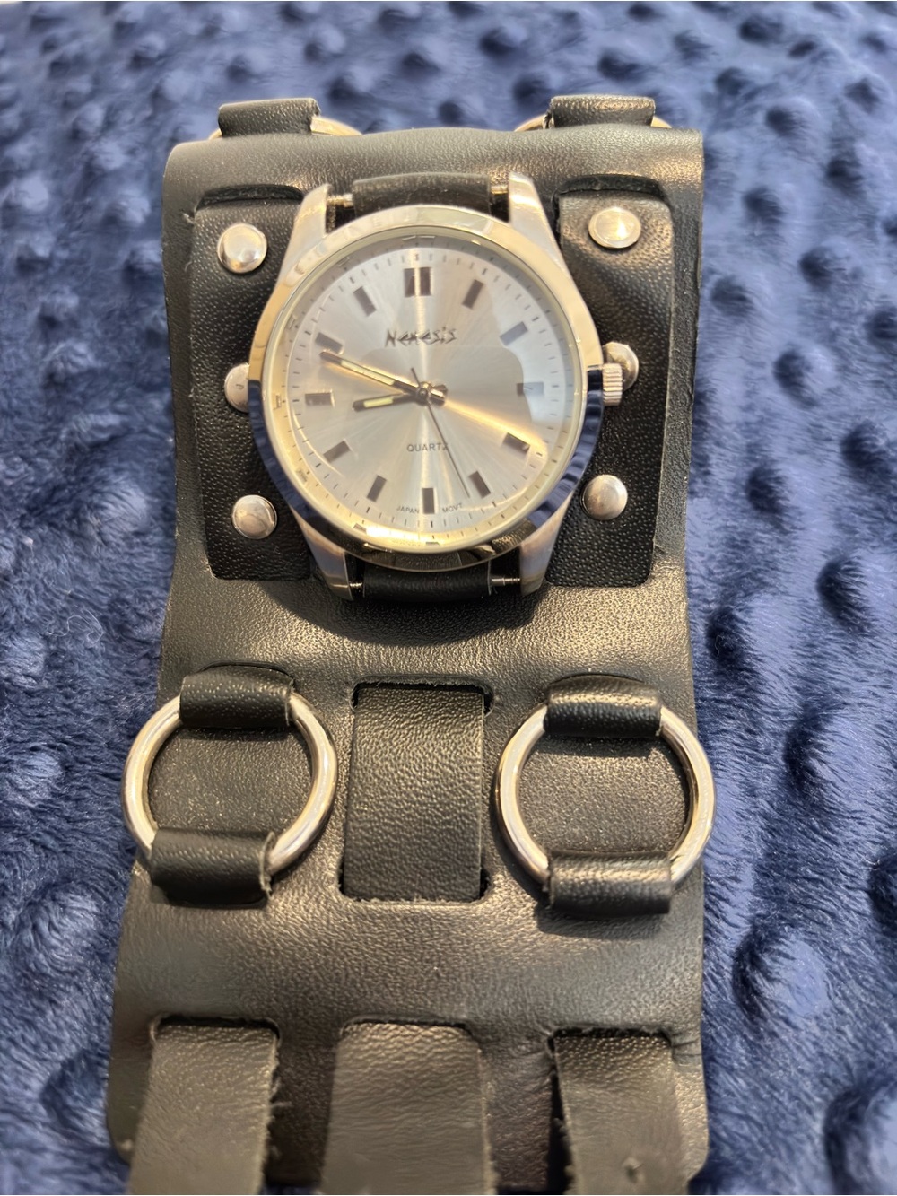 Nemesis Black Leather Cuff Watch with Silver Dial and Metal Rings